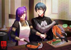 1boy 1girl animal apron armored_gloves black_cape black_gloves breasts brick_wall cape clip_studio_paint_(medium) commentary commission cooking cup cutting_board english_commentary female_shez_(fire_emblem) fire_emblem fire_emblem:_three_houses fire_emblem_warriors:_three_hopes fish food frying_pan garreg_mach_monastery_uniform gloves hair_bun holding holding_animal holding_fish holding_frying_pan holding_spatula knife long_hair looking_at_another looking_to_the_side male_byleth_(fire_emblem) medibang_paint_(medium) mug nintendo plate purple_hair rezzyfa single_side_bun smile spatula vegetable white_apron window