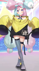 Rule 34 | 1girl, absurdres, blush, boots, character hair ornament, crossed legs, desperate airpo, green hair, grey boots, grey shirt, grey thighhighs, grin, hair ornament, highres, iono (pokemon), jacket, knees, long hair, long sleeves, looking at viewer, multicolored hair, nintendo, pink hair, pokemon, pokemon sv, shirt, single thighhigh, sleeveless, sleeveless shirt, sleeves past fingers, sleeves past wrists, smile, solo, teeth, thigh strap, thighhighs, twintails, two-tone hair, watson cross, yellow jacket