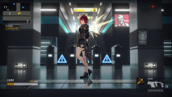 1girl absurdres ad arknights backlighting bare_legs belt black_gloves black_jacket black_shoes black_shorts detached_wings escalator exusiai_(arknights) fake_screenshot female_focus fly_tutu gloves glowing glowing_wings gun halo heads-up_display health_bar highres holding holding_gun holding_weapon holster indoors jacket kfc long_sleeves looking_at_viewer map orange_eyes poster_(object) pouch red_hair reflection reflective_floor shoes short_hair short_shorts shorts sign sneakers solo standing thigh_holster thigh_strap train_station translation_request user_interface warning_sign weapon wide_shot wings