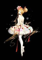 1girl abigail_williams_(fate) abigail_williams_(santa)_(fate) arlizi arms_behind_back back ballet_slippers bare_shoulders black_background blonde_hair blue_eyes bow chinese_commentary closed_mouth double_bun dress dress_ribbon en_pointe fate/grand_order fate_(series) from_behind full_body gold_tiara hair_bow hair_bun highres long_hair looking_at_viewer looking_back multiple_hair_bows no_cape pantyhose parted_hair polka_dot polka_dot_bow red_bow red_ribbon ribbon shoes simple_background sleeveless sleeveless_dress snowflakes solo standing tiara white_bow white_dress white_pantyhose white_shoes