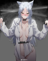 Rule 34 | 1girl, absurdres, animal ears, blush, breasts, character request, collar, copyright request, cowboy shot, cuffs, green eyes, handcuffs, highres, large breasts, long hair, mu laoyang, naked shirt, open clothes, open shirt, parted lips, restrained, shirt, solo, sweat, white hair, white shirt