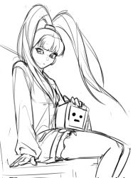 10_09hwan 1girl amano_nene_(digimon_xros_wars) coat digimon digimon_(creature) expressionless highres long_hair monimon sitting sketch skirt split_ponytail