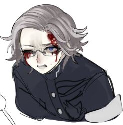 Rule 34 | aotsuki eito, blood, blood from forehead, blood on face, bloody tears, blue eyes, eyebrows, glasses, last defense academy school uniform, one eye closed, open mouth, parted hair, simple background, teeth, the hundred line -last defense academy-, upper body, white background, white hair