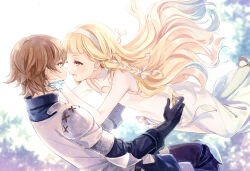 1boy 1girl amaichi_esora ariel_(sayoasa) armor black_gloves blonde_hair blue_eyes braid brown_hair brown_sandals commentary_request dress eye_contact gloves hairband hands_on_another&#039;s_cheeks hands_on_another&#039;s_face highres long_hair looking_at_another maquia_(sayoasa) orange_eyes pauldrons sandals sayonara_no_asa_ni_yakusoku_no_hana_wo_kazarou short_hair shoulder_armor white_dress white_hairband