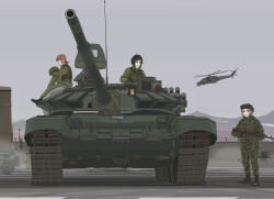 Rule 34 | 2661789381, 3girls, absurdres, aircraft, assault rifle, attack helicopter, cannon, caterpillar tracks, chinese commentary, gun, helicopter, helmet, highres, holding, holding gun, holding weapon, kalashnikov rifle, mi-24, military base, military combat uniform, military uniform, military vehicle, motor vehicle, multiple girls, original, radio antenna, reactive armor, rifle, russian ground forces, t-80, tank, tank helmet, tank turret, vehicle focus, weapon