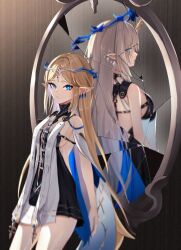2girls absurdres bare_shoulders black_collar black_dress blonde_hair blue_eyes breasts broken_mirror cartethyia_(wuthering_waves) chen_kang collar commentary crown_of_thorns different_reflection dress earrings fleurdelys_(wuthering_waves) hashtag-only_commentary highres horns jewelry large_breasts long_hair looking_at_viewer medium_breasts mirror multiple_girls pointy_ears reflection sidelocks single_horn tabard tacet_mark_(wuthering_waves) very_long_hair white_tabard wuthering_waves yellow_horns