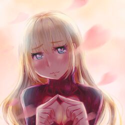 1girl black_sweater blonde_hair blue_eyes blush breasts cleavage cleavage_cutout closed_mouth clothing_cutout commentary english_commentary hair_between_eyes heart heart_cutout heart_in_eye highres long_hair long_sleeves looking_at_viewer orange_sky original outdoors own_hands_together painttool_sai_(medium) petals photoshop_(medium) shy sky solo sunset suulore sweater symbol_in_eye turtleneck turtleneck_sweater upper_body wavy_mouth