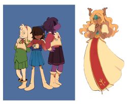 1boy 2girls 2others antlers blonde_hair brown_hair colored_skin commentary cosplay crossdressing deer_girl deltarune emeraude_(rayearth) emeraude_(rayearth)_(cosplay) english_commentary goat_boy hair_over_eyes highres horns hououji_fuu hououji_fuu_(cosplay) kris_(deltarune) magic_knight_rayearth mokona mokona_(cosplay) multiple_girls multiple_others noelle_holiday onsukun pleated_skirt praying purple_hair purple_skin ralsei reptile_girl ryuuzaki_umi ryuuzaki_umi_(cosplay) shidou_hikaru shidou_hikaru_(cosplay) skirt soul_(deltarune) standing susie_(deltarune) trap white_fur