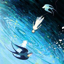 1girl bird black_bird black_hair flying highres long_hair original petals reflection reflective_water solo swallow_bun_(the_tale_of_food) twintails white_bird yin_0909