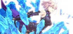 1girl armor armored_leotard breaking breasts closed_eyes crying crystal fate/grand_order fate_(series) game_cg gloves leotard mash_kyrielight official_art open_mouth pink_hair short_hair sleeveless solo spoilers takeuchi_takashi upper_body vambraces