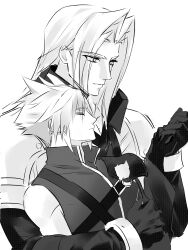 Rule 34 | 2boys, armor, black gloves, closed eyes, closed mouth, cloud strife, final fantasy, final fantasy vii, final fantasy vii advent children, gloves, highres, holding hands, leaning on person, long hair, long sleeves, male focus, multiple boys, parted bangs, pauldrons, sephiroth, shoulder armor, single pauldron, spiked hair, white background, yaoi, yebuyeye