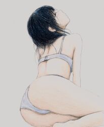 1girl ass bbmasa black_hair bra closed_eyes feet_out_of_frame from_behind grey_background hibike!_euphonium highres liz_to_aoi_tori long_hair panties simple_background solo spine thighs traditional_media underwear underwear_only white_bra white_panties yoroizuka_mizore