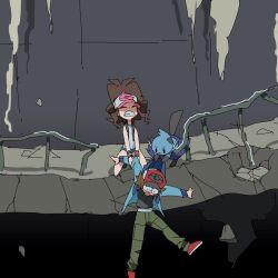 Rule 34 | &gt; &lt;, 0 0, 1boy, 1girl, bad id, bad pixiv id, blue jacket, broken fence, brown hair, closed eyes, debris, dewott, gen 5 pokemon, highres, hilbert (pokemon), hilda (pokemon), jacket, nintendo, nyagiratwist, open mouth, pokemon, pokemon (creature), pokemon bw, teeth