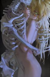 Rule 34 | 1girl, alien 888, antenna hair, bare back, bare hips, bare legs, bare shoulders, black background, blonde hair, eyes visible through hair, facial mark, facing another, facing to the side, genderswap, genderswap (mtf), green eyes, green hair, half-closed eyes, hand in another&#039;s hair, hand on another&#039;s shoulder, head out of frame, highres, hug, kuaidul velgear, leaning on person, long hair, looking at viewer, nude, skeleton, tearing up, tears, turning head, yu-gi-oh!, yu-gi-oh! go rush!!