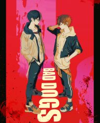 Rule 34 | 2boys, abstract background, aoyagi touya, blue footwear, blue hair, blue jacket, blue pants, from side, goguma wagamja, hand in pocket, hand on own head, hands in pockets, highres, hood, hoodie, jacket, multicolored hair, multiple boys, orange hair, pants, project sekai, shinonome akito, short hair, standing, two-tone hair, very short hair, white hoodie