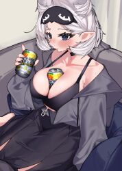 Rule 34 | 1girl, absurdres, auraaa, beer can, between breasts, black bra, black choker, black skirt, blue eyes, blush, bra, breasts, can, can between breasts, choker, closed mouth, collarbone, drink can, highres, holding, holding can, long sleeves, lorel (auraaa), mask, mask on head, mole, mole on armpit, original, pointy ears, short hair, sitting, skirt, sleep mask, solo, sweat, underwear, white hair, zipper pull tab