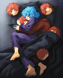 2girls absurdres barefoot blue_hair bread_master closed_eyes commentary disembodied_head english_commentary feet headless highres hug messy_hair multiple_girls multiple_heads pillow red_hair sekibanki short_hair smile soles spooning tatara_kogasa toes touhou under_covers yuri