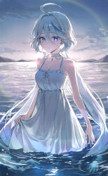 absurdres ahoge alternate_costume blue_eyes blue_hair breasts cleavage commentary dress drop-shaped_pupils ekina_(1217) furina_(genshin_impact) genshin_impact grey_hair hair_between_eyes heterochromia highres jellyfish long_hair looking_at_viewer mismatched_pupils multicolored_hair outdoors parted_lips rainbow sleeveless sleeveless_dress streaked_hair symbol-shaped_pupils very_long_hair water white_dress