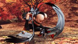 1girl 3d apron ass black_hair black_leotard breasts butterfly_swords curvy forest highleg highleg_leotard highres holding holding_weapon huge_ass iroha_(samurai_spirits) large_breasts leotard lips looking_to_the_side maid maid_headdress nature ryona samurai_spirits screencap shiny_skin short_hair skindentation solo thighhighs third-party_edit thong_leotard weapon wide_hips