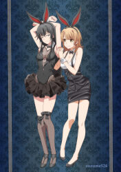 2girls absurdres ahoge animal_costume arm_up armpits arms_up black_bow black_bowtie black_eyes black_hair black_skirt black_socks black_thighhighs blush bow bowtie breasts brown_eyes brown_hair cleavage clothing_cutout english_text female_focus fishnet_thighhighs fishnets full_body heel-less_heels highres isshiki_iroha kneehighs large_breasts legs leotard long_hair looking_at_viewer miniskirt multiple_girls navel navel_cutout official_art one_eye_closed pencil_skirt playboy_bunny rabbit_costume rabbit_ears scan see-through_cleavage see-through_clothes short_hair skirt sleeveless small_breasts smile socks thighhighs thighs tickling tickling_armpits yahari_ore_no_seishun_lovecome_wa_machigatteiru. yukinoshita_yukino