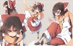 Rule 34 | &gt;:o, 1girl, :o, ascot, bare shoulders, boots, bow, brown hair, detached sleeves, female focus, forbidden scrollery, frills, gohei, hair bow, hair tubes, hakurei reimu, haraegushi, oonusa, piyokichi, red eyes, scarf, shaded face, solo, touhou, v-shaped eyebrows, wide sleeves