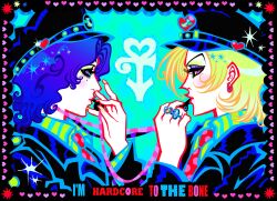 2boys absurdres banana banana_hat_ornament blonde_hair blowing_whistle blue_hair blush dio_brando earrings eyelashes eyeshadow food fruit fruit_hat_ornament hat hat_ornament heart heart_hat_ornament highres jewelry jojo_no_kimyou_na_bouken jonathan_joestar kasanemichael lips makeup male_focus mole mole_under_eye multiple_boys pale_skin phantom_blood purple_eyeshadow red_eyes ring
