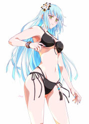 1girl artist_name bikini black_bikini blue_hair breasts cowboy_shot eiyuu_densetsu floating_hair hair_ornament hime_cut kuro_no_kiseki kuro_no_kiseki_(series) kuro_no_kiseki_ii long_hair looking_at_viewer medium_breasts nail_polish navel risette_twinings sideburns simple_background smile solo swimsuit white_background wristband xiacheng_tatsuya yellow_eyes