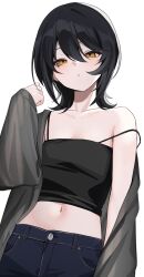 1girl aamana0 black_camisole black_hair blush camisole collarbone commentary_request crop_top denim flat_chest grey_jacket highres jacket jacket_partially_removed jeans looking_at_viewer midriff navel original pants simple_background single_bare_shoulder solo strap_slip white_background wolf_cut