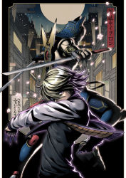 10s 2boys armor blonde_hair dual_persona dual_wielding enmto full_moon helmet high_contrast holding ivan_karelin jacket katana letterman_jacket male_focus moon multiple_boys origami_cyclone purple_eyes purple_jacket shuriken superhero_costume sword tiger_&amp;_bunny weapon
