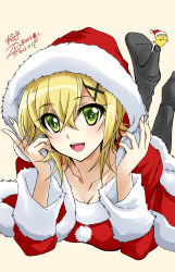 1girl 2022 akatsuki_kirika artist_self-insert blonde_hair blush breasts christmas dated green_eyes hair_ornament high_heels highres hood kanna_(plum) looking_at_viewer lying medium_breasts numbered open_mouth painttool_sai_(medium) santa_costume senki_zesshou_symphogear shiny_skin short_hair signature simple_background solo thighhighs