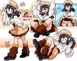 &gt;_&lt; 1girl :o alternate_costume arm_up arms_up belt black_eyes black_hair black_nails black_shoes breasts brown_background brown_belt brown_hat brown_panties brown_skirt brown_socks brown_trim clothes_lift commentary crab crossed_ankles english_commentary english_text gradient_background hair_ornament hat highres inset lanyard layered_sleeves light_blush long_sleeves looking_to_the_side loose_socks lucia_(scott_malin) lying medium_breasts medium_hair motion_lines multiple_views notice_lines on_back open_mouth panties pleated_skirt scott_malin shirt shoes short_over_long_sleeves short_sleeves sitting skirt skirt_lift sneakers socks star_(symbol) star_hair_ornament stretching striped_clothes striped_skirt underwear vertical-striped_clothes vertical-striped_skirt w white_background white_shirt yawning
