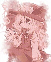 1girl adversarial_noise collared_shirt dolls_in_pseudo_paradise fedora frilled_hat frilled_sleeves frills hat hat_feather holding holding_smoking_pipe jacket_girl_(dipp) long_hair long_sleeves monochrome neck_ribbon papipu_pipi ribbon shirt sitting skirt smoking_pipe solo touhou vest wavy_hair
