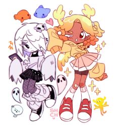 2girls antlers blonde_hair brown_eyes carrie_krueger colored_eyelashes colored_skin commentary dark-skinned_female dark_skin darwin_watterson emo_fashion english_commentary freckles full_body ghost gumball_watterson hair_ornament hair_over_one_eye highres holding holding_phone horns humanization leg_warmers loose_socks multiple_girls one_eye_closed penny_fitzgerald phone pointy_ears sharpycharot shoes short_hair simple_background skirt skull_hair_ornament sneakers socks the_amazing_world_of_gumball white_background white_eyelashes white_hair white_skin wings