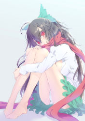 1girl bad_feet barefoot black_hair bow female_focus hair_bow hugging_own_legs juliet_sleeves long_hair long_sleeves looking_at_viewer oota_minoru panties pantyshot puffy_sleeves red_eyes reiuji_utsuho scarf shirt sitting skirt solo touhou underwear upskirt very_long_hair white_panties