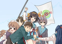 2024_attempted_assassination_of_donald_trump 2boys 4girls apron asahina_mikuru asakura_ryoko blue_hair blue_sailor_collar blue_skirt blush breasts brown_cardigan brown_eyes brown_hair cardigan flag glasses grey_hair hair_ribbon hairband highres kita_high_school_uniform knife kurere1202 kyon long_hair long_sleeves maid maid_apron maid_headdress medium_hair multiple_boys multiple_girls nagato_yuki necktie nervous nervous_sweating official_alternate_costume open_mouth orange_hairband parted_bangs raised_fist red_necktie ribbon sailor_collar school_uniform serafuku short_hair skirt smile sos_brigade sos_brigade_logo stock_chart suzumiya_haruhi suzumiya_haruhi_no_yuuutsu sweat winter_uniform