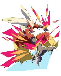 blaziken claws colored_sclera creatures_(company) fire full_body game_freak gen_3_pokemon haruto1192 highres horns nintendo open_mouth pokemon pokemon_(creature) red_fur solo squatting yellow_sclera