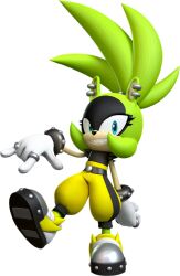 1girl 3d blue_eyes ear_piercing female_focus full_body furry furry_female gloves green_hair jewelry long_hair looking_at_viewer official_art piercing ring sharp_teeth solo sonic_(series) surge_the_tenrec teeth