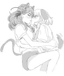 Rule 34 | 2girls, animal ears, bang dream!, bang dream! it&#039;s mygo!!!!!, blush, cat ears, cat girl, cat tail, closed eyes, commentary, dog ears, dog girl, dog tail, greyscale, highres, kemonomimi mode, kiss, long hair, misumi uika, monochrome, multiple girls, panties, parted lips, shirt, short sleeves, symbol-only commentary, tail, togawa sakiko, uikays, underwear, yuri