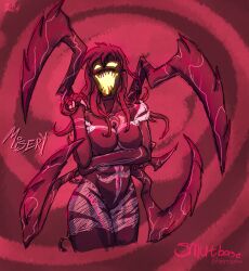 1girl alien arm_under_breasts arthropod_limbs artist_name bodysuit breasts character_name claws colored_skin commentary cropped_legs dated english_commentary english_text fangs glowing glowing_eyes glowing_mouth living_clothes long_hair marvel medium_breasts misery_(marvel) monster_girl open_mouth patreon_username patterned_skin red_background red_bodysuit red_skin science_fiction sharp_teeth sketch skin_fangs slime_girl smutbase solo spider-man_(series) spiral_background superhero_costume symbiote teeth tentacle_hair tentacles two-tone_bodysuit white_bodysuit white_skin yellow_eyes