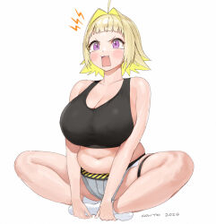 1girl ahoge alternate_bangs bare_shoulders blonde_hair blush breasts cleavage commentary conto crop_top cut_bangs elegg_(nikke) english_commentary fang goddess_of_victory:_nikke grey_shorts hair_intakes huge_breasts micro_shorts open_mouth plump purple_eyes short_hair short_shorts shorts simple_background sitting skindentation sleeveless socks solo tears thigh_strap white_background white_socks