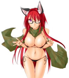 1girl animal_ear_fluff animal_ears bikini black-framed_eyewear blush breasts camouflage_scarf cat_ears cat_girl cleavage closed_mouth commentary_request cowboy_shot glasses green_scarf kaminagi_(kaminagi-tei) large_breasts leaning_forward long_hair looking_at_viewer micro_bikini navel nipples one_eye_closed purple_eyes ragnarok_online ranger_(ragnarok_online) scarf semi-rimless_eyewear side-tie_bikini_bottom simple_background smile solo swimsuit under-rim_eyewear very_long_hair white_background