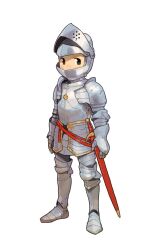 1girl armor breastplate commentary english_commentary full_armor full_body helmet highres knight original possummachine sheath sheathed simple_background solo sword warrior weapon white_background