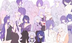 5girls :d absurdres acheron_(honkai:_star_rail) alternate_costume animal_ears apron arms_behind_back bad_tag black_choker black_dress black_pants black_skirt black_swan_(honkai:_star_rail) blue_eyes blush breasts butler cat_ears cat_tail chibi choker closed_eyes closed_mouth collarbone commentary dress earrings elysia_(honkai_impact) english_commentary enmaided female_butler hair_ornament hair_over_one_eye hand_on_another&#039;s_chin hand_up heart highres honkai:_star_rail honkai_(series) honkai_impact_3rd in-franchise_crossover jacket jewelry kemonomimi_mode kiana_kaslana kiss kissing_cheek large_breasts long_hair looking_at_another looking_at_viewer maid maid_headdress multicolored_hair multiple_girls multiple_views official_alternate_color one_eye_closed open_mouth pants ponytail purple_eyes purple_hair purple_shirt raiden_mei red_eyes samlatte shirt signature simple_background single_off_shoulder skirt smile streaked_hair suit_jacket tail thighhighs thighs veil waist_apron white_background white_hair white_thighhighs yuri