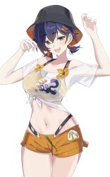 Rule 34 | 1girl, belle (summer skies) (zenless zone zero), belle (zenless zone zero), bikini, bikini under shorts, blue hair, bucket hat, cowboy shot, crossed bangs, gaohuang43450, green eyes, hair ornament, hat, highres, letter hair ornament, navel, off-shoulder shirt, off shoulder, official alternate costume, orange bikini, orange shorts, see-through clothes, see-through shirt, shirt, short hair, short shorts, short twintails, shorts, simple background, smile, swimsuit, tied shirt, twintails, white shirt, zenless zone zero