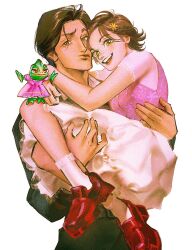 1boy 1girl arms_around_neck artist_name black_jacket black_pants breasts brown_eyes brown_hair carrying chameleon collared_shirt couple cowboy_shot dress flower flynn_rider freckles full_body green_eyes hair_flower hair_ornament hair_slicked_back hetero highres jacket lacampanule lizard long_sleeves looking_at_viewer medium_breasts open_mouth pants parted_bangs pascal_(tangled) pink_dress pink_shirt pout princess_carry rapunzel_(disney) red_footwear see-through_clothes see-through_sleeves shirt short_hair short_sleeves skirt socks tangled teeth upper_teeth_only white_background white_shirt white_skirt white_socks