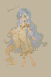1girl 37_(reverse:1999) :/ ancient_greek_clothes anklet bare_shoulders barefoot blue_eyes blue_hair brown_background character_name deformed full_body gold_choker greco-roman_clothes hair_between_eyes highres imwa jewelry long_hair looking_at_viewer reverse:1999 solo toga very_long_hair