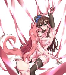2girls animal_ears arms_up blue_eyes bound bound_arms bow brown_hair ceri_(sakura_dungeon) commission commissioner_upload cottonswab336 eye_contact fox_ears fox_tail hair_bow highres looking_at_another multiple_girls non-web_source pink_hair ribbon ribbon_bondage sakura_dungeon sweat tail yomi_(sakura_dungeon) yuri