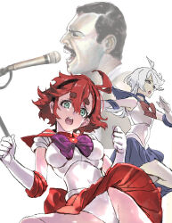 Rule 34 | 1boy, 2girls, ahoge, bishoujo senshi sailor moon, black hair, blue boots, blue choker, blue sailor collar, blue skirt, boots, bow, breasts, brooch, choker, closed eyes, clothes lift, commentary request, cosplay, freddie mercury, gloves, green eyes, groin, gundam, gundam suisei no majo, hair between eyes, highres, jewelry, leotard, medium breasts, microphone, miorine rembran, multiple girls, music, name connection, nobita (makoto7060355), open mouth, pleated skirt, purple bow, queen (band), red choker, red hair, red sailor collar, red skirt, sailor collar, sailor mars, sailor mars (cosplay), sailor mercury, sailor mercury (cosplay), sailor senshi uniform, short hair, simple background, singing, skirt, skirt lift, small breasts, standing, suletta mercury, thick eyebrows, tight clothes, white background, white gloves, white hair, white leotard, wind, wind lift