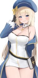 1218_haruru 1girl absurdres bare_shoulders belt beret black_gloves blonde_hair blue_coat blue_eyes blue_hat book breasts cleavage closed_mouth coat commentary_request commission cowboy_shot detached_collar dress gloves halterneck hand_up hat highres jewelry korean_commentary long_hair looking_at_viewer medium_breasts necklace off_shoulder open_clothes open_coat original short_dress simple_background sleeveless sleeveless_dress smile solo spaghetti_strap thighs very_long_hair white_background white_dress