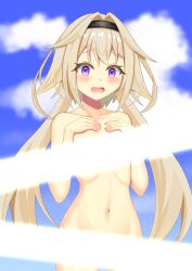 1girl absurdres aura_yagg black_hairband blonde_hair blue_sky blush cloud commentary_request completely_nude cowboy_shot flat_chest hair_intakes hairband hands_on_own_chest highres ieiri_popo light_censor looking_at_viewer multicolored_hair nanashi_inc. navel nude open_mouth paid_reward_available pink_nails purple_eyes raised_eyebrows shiny_skin short_hair_with_long_locks sidelocks sky solo streaked_hair virtual_youtuber